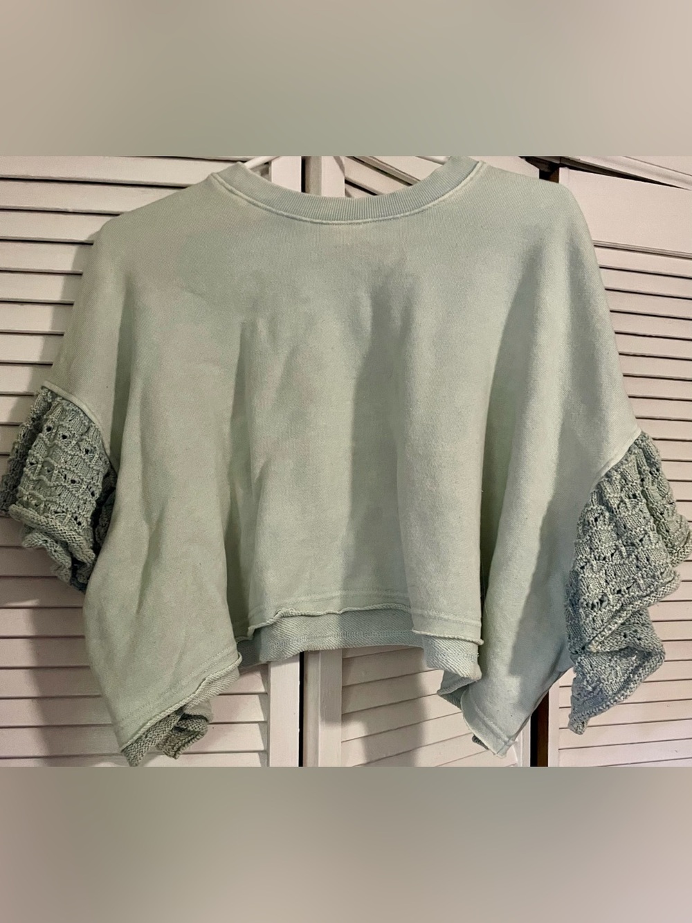 Altar’d State Cropped Crochet-Sleeve Crewneck Sweater in Mint